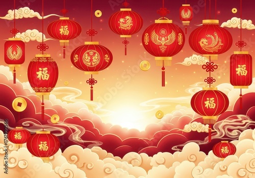 Festive Chinese Lanterns Displaying Happiness and Prosperity Against a Warm Sky