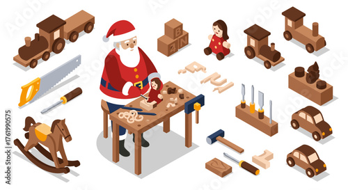 Santa crafting wooden toys in workshop isometric style