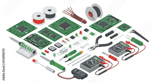 Comprehensive collection of electronic components and tools in isometric style