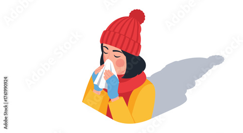 Woman wearing winter clothes sneezing with tissue in cold weather scene