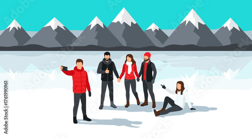 Group enjoying winter adventure in snowy mountain landscape