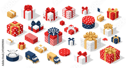 Isometric christmas gift boxes and delivery trucks in festive red and gold design