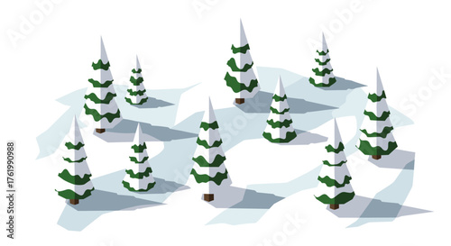 Isometric winter pine trees on snowy landscape