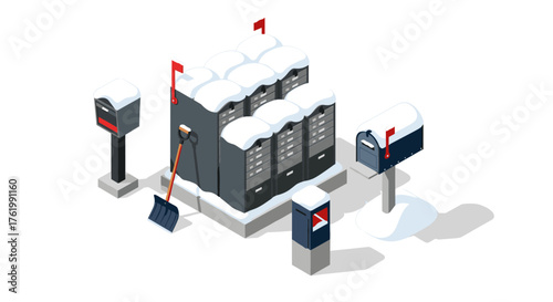 Winter mail delivery concept with snow-covered mailboxes and shovel