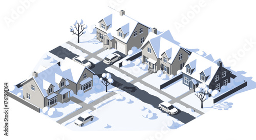 Snow-covered suburban neighborhood in winter with modern isometric design