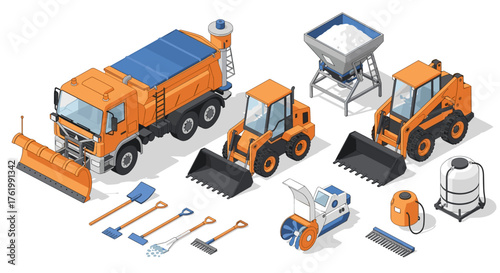 Isometric winter maintenance equipment set with snowplow truck and shovels
