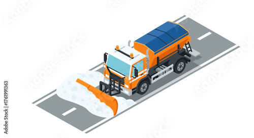 Isometric snowplow truck clearing snow on a road during winter weather