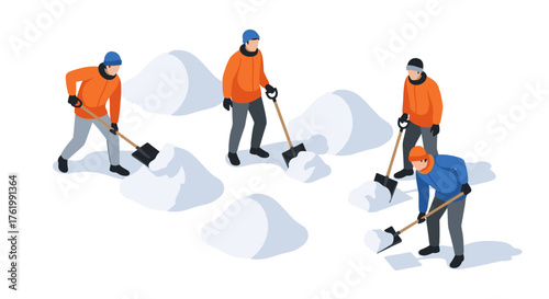 Workers shoveling snow in winter outdoor scene with isometric design
