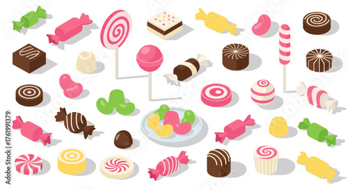 Colorful isometric candy assortment with sweets and lollipops