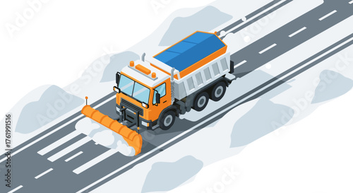 Snow plow truck clearing road in isometric winter scene