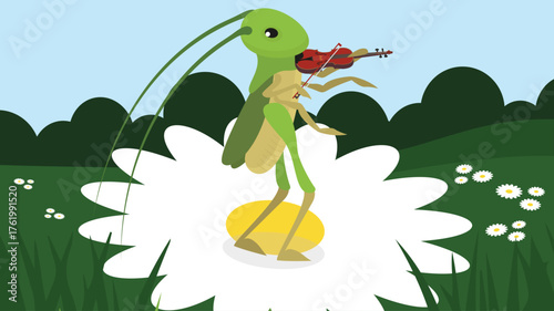 Green frog playing the violin in the meadow. Vector illustration.