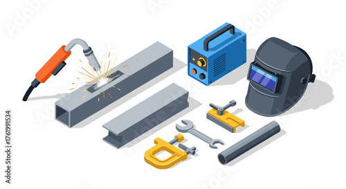 Isometric welding tools set with helmet and equipment for metalwork