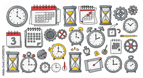 Collection of time related icons including clocks, calendars, hourglasses, and gears for planning