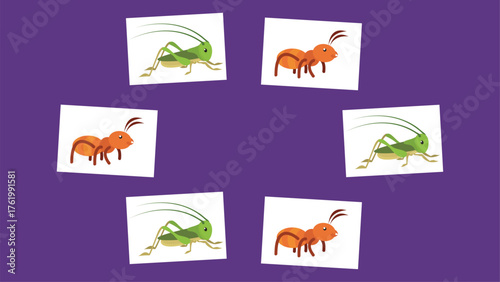 Illustration of various types of insects on white squares on purple background