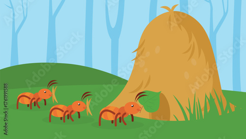 Obraz na plátně Ants and haystacks in the forest. Vector illustration.