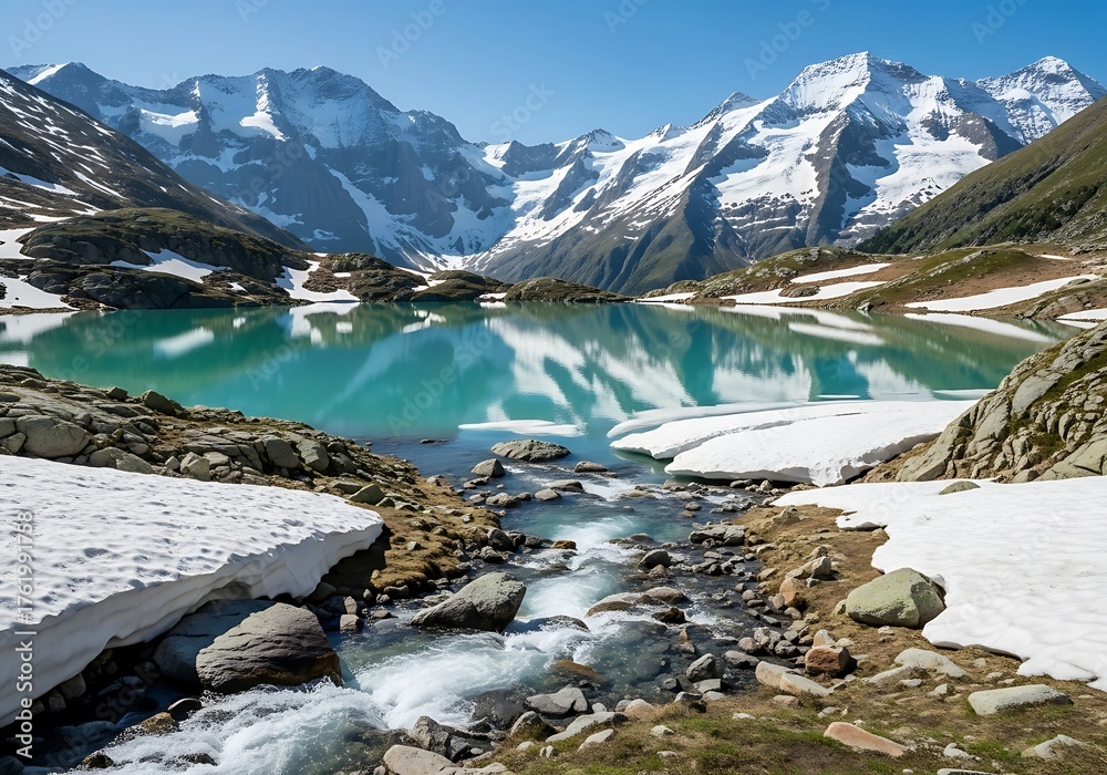 Obraz premium Alpine Lake Serenity - Snow-Capped Peaks Reflecting in Turquoise Waters.