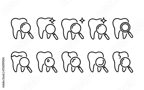 Dental health and tooth care icons set. Healthy teeth, cavity, protection, prevention, dentistry. Outline vector illustrations