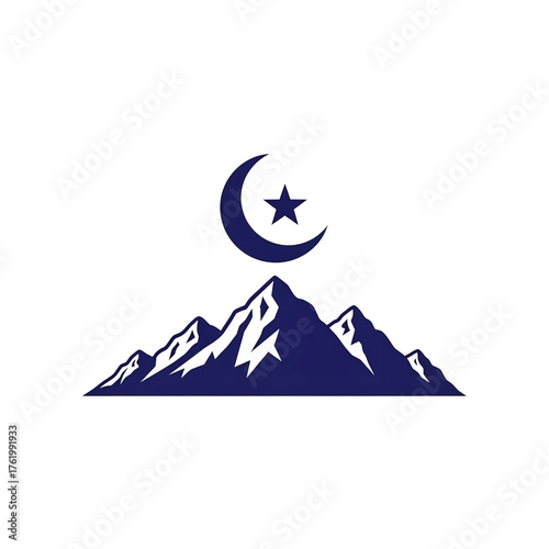 Blue mountain range silhouette with crescent moon and star on a black background landscape view on transparent background