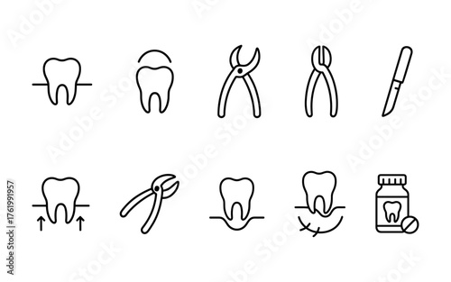 Dental health and tooth care icons set. Healthy teeth, cavity, protection, prevention, dentistry. Outline vector illustrations