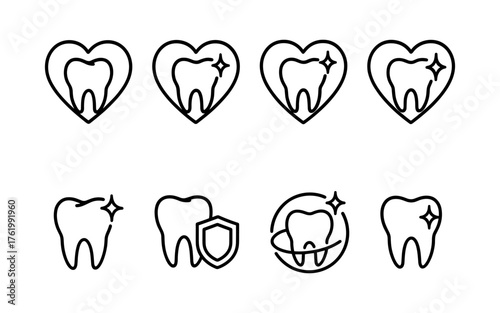 Dental health and tooth care icons set. Healthy teeth, cavity, protection, prevention, dentistry. Outline vector illustrations