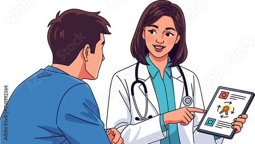 Doctor consulting with a patient, explaining medical information on a tablet screen in an office