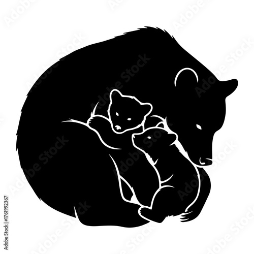 Black bear mother and cubs cuddling family