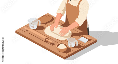 Baking preparation in modern isometric style with bread and dough on wooden table