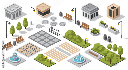 Isometric cityscape elements: parks, buildings, and urban decor