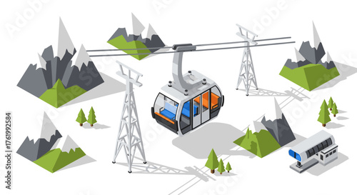 Scenic isometric cable car on mountain landscape with forests and peaks