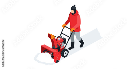 Person operating snow blower in winter gear on a snowy day