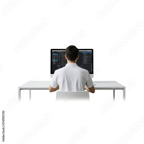 Man sitting at a desk in front of a computer isolated on transparent background