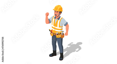 Joyful construction worker in safety gear celebrating success