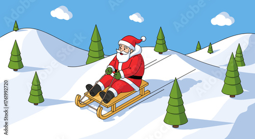 Santa claus sledding over snowy hills in whimsical cartoon style