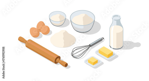 Isometric baking ingredients set with rolling pin, eggs, flour, milk, and butter
