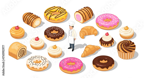 Isometric dessert variety with chef surrounded by donuts and pastries