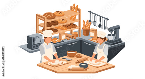 Bakery chefs kneading dough in modern kitchen with bread and baking tools