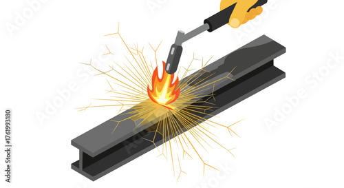 Isometric welding process with bright sparks on metal beam