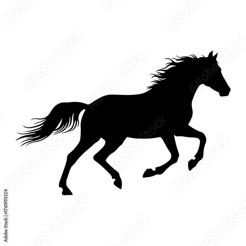 Black horse galloping across white background silhouette