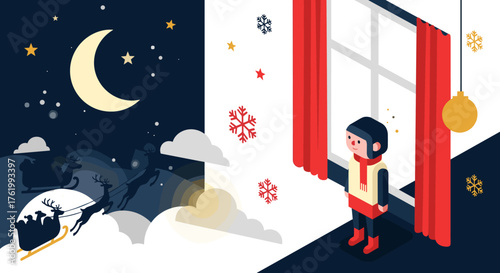 Isometric winter night scene with child by window and santa sleigh