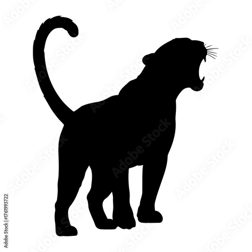 Black panther roaring with tail curled silhouette animal