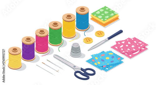 Colorful sewing supplies isometric set with threads, scissors, and fabrics