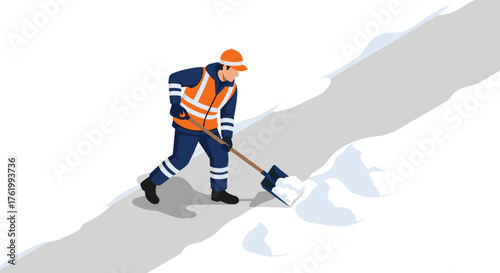 Isometric worker clearing snow from path in winter safety gear