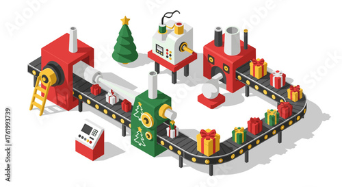 Isometric christmas factory conveyor with gifts and festive decorations