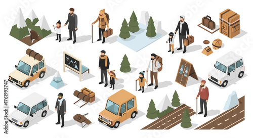 Isometric hiking adventure scene with people and camping equipment in nature