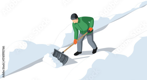 Isometric winter scene: person shoveling snow in cold weather