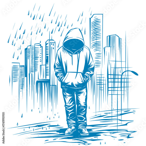 flat vector illustration of hoodie with a cityscape in the rain