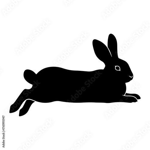 Black rabbit leaping across white background bunny