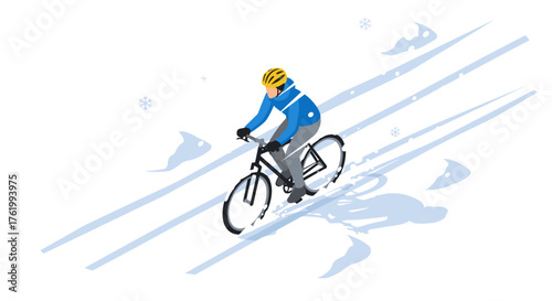 Cyclist descending snowy hill in winter, wearing helmet and blue jacket, in minimalist style