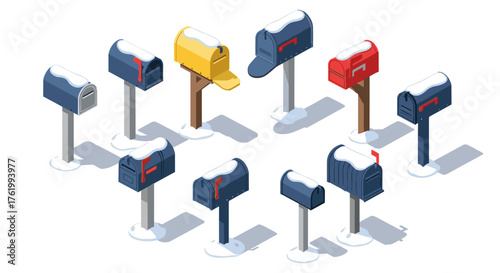 Isometric mailboxes with snow covering in various traditional styles
