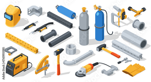 Isometric industrial welding tools and equipment set for workshops